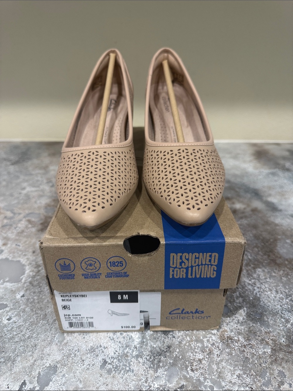 Clarks Beige Perforated Pointed-Toe Heels